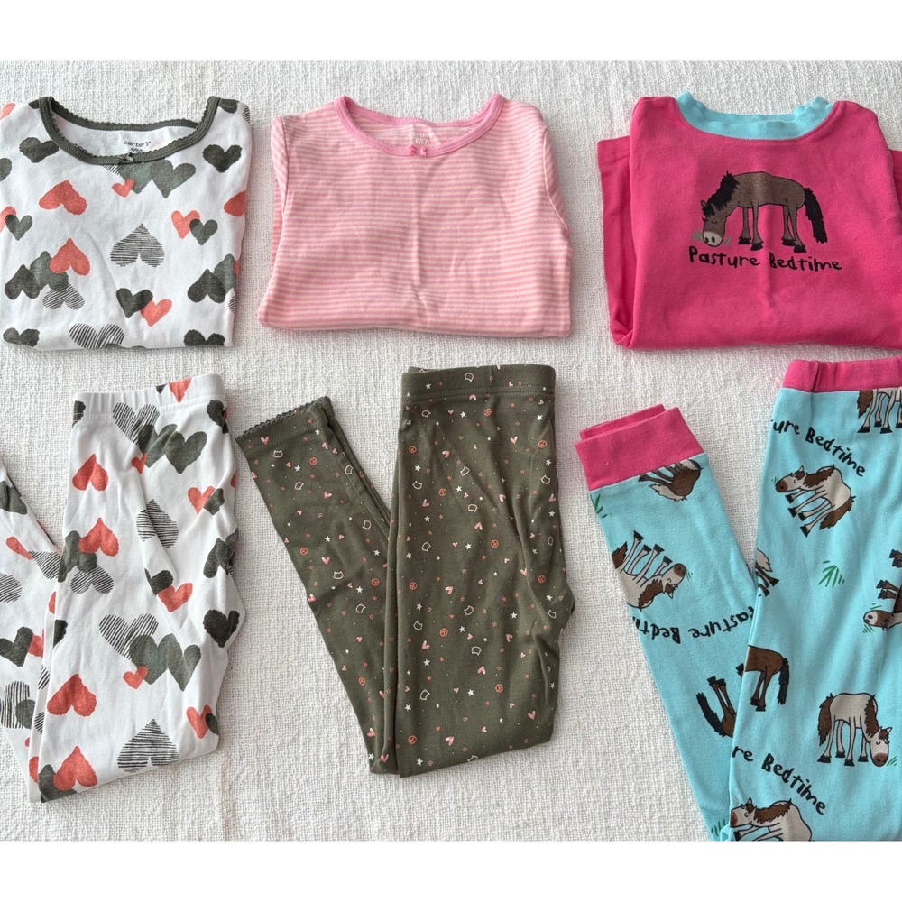 Carters and Lazy One Girls Pajama Set Bundle Size 6 Hearts Stripes Horse 3 Sets